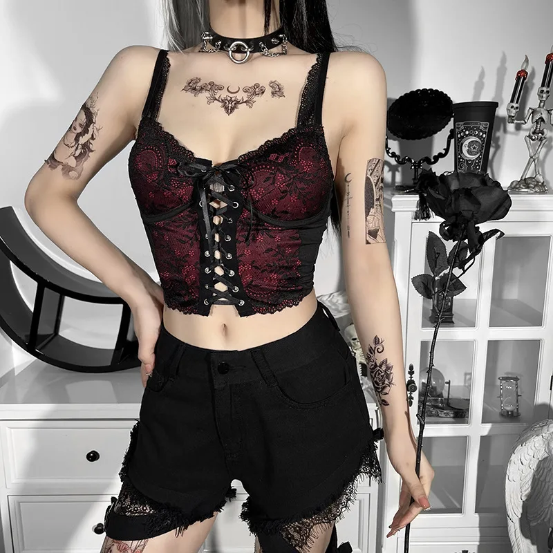 

Gothic Lace Camisole Crop Tops Grunge Sexy Bandage Bodycon Crop Tops Women Black Emo Alt Y2K Streetwear Harajuku Girls Camis