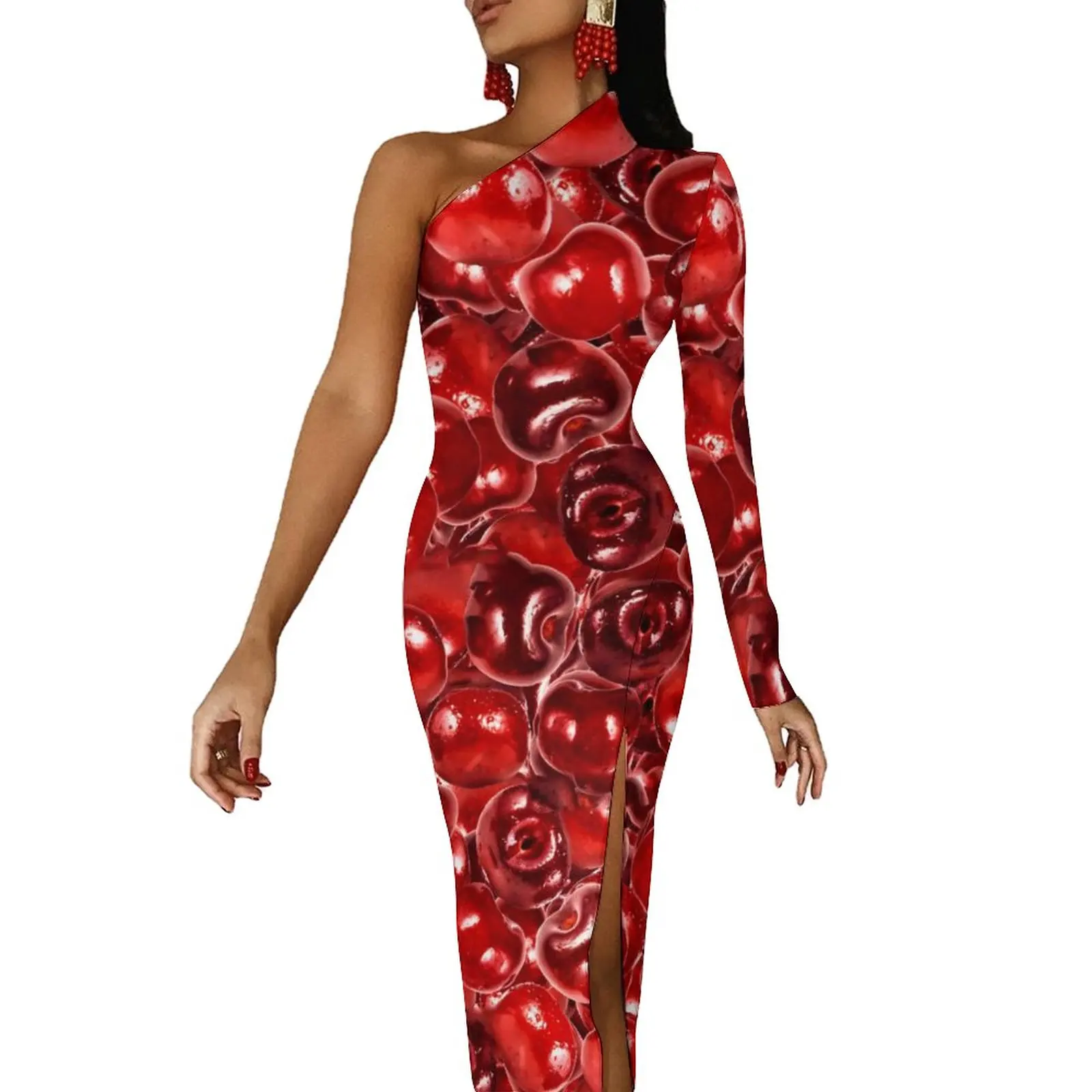 

Платье-макси на одно плечо, с принтом фруктов