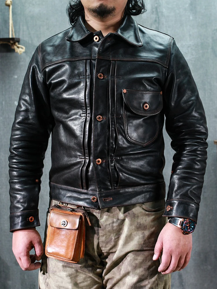 

Two Tone Tea Core Horse Leather Classic 506 Hu Ge Denim Jacket Retro Lapel Made of Old Motorcycle Short Leather Jacket