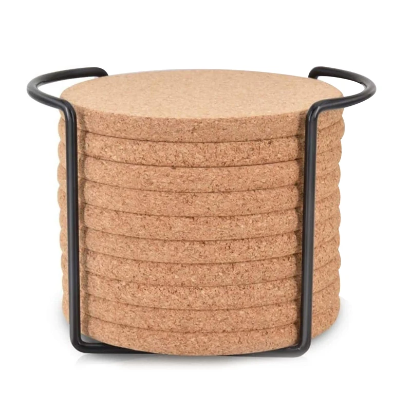 

Round Cork Coasters For Drinks,With Metal Holder Storage Caddy,Reusable Saucers For Cold Drinks Wine Glasses Cup