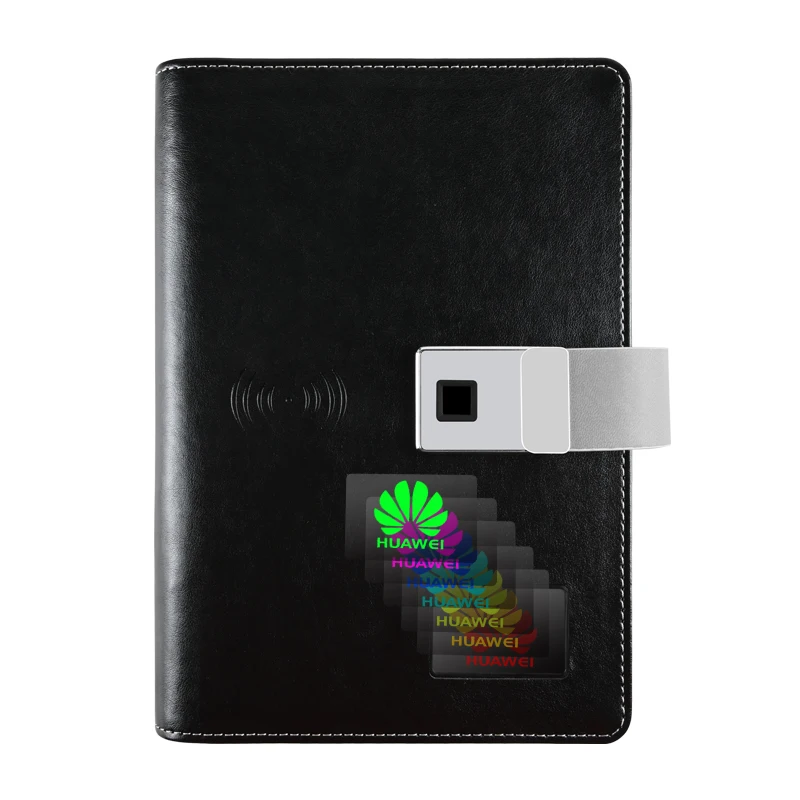 Hot Sale Luxury Black PU Notebooks Silver Fingerprint Notebook Wireless Charger Power Bank Diary With 7 Flash Colors LED LOGO