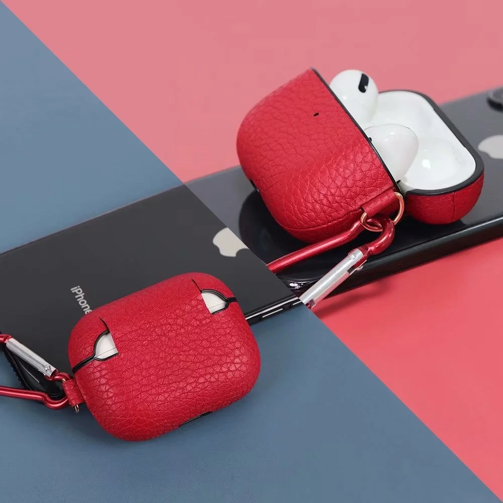 

Защитный чехол для Apple AirPods Pro из натуральной кожи с рисунком личи для iPhone чехол для наушников с металлическим крючком