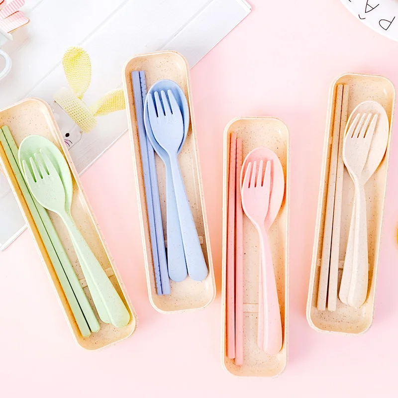 

3PCS/Set Wheat Straw Cutlery Spoon Fork Chopsticks Tableware With Box Dinnerware Children Travel Portable Kitchen Accessories