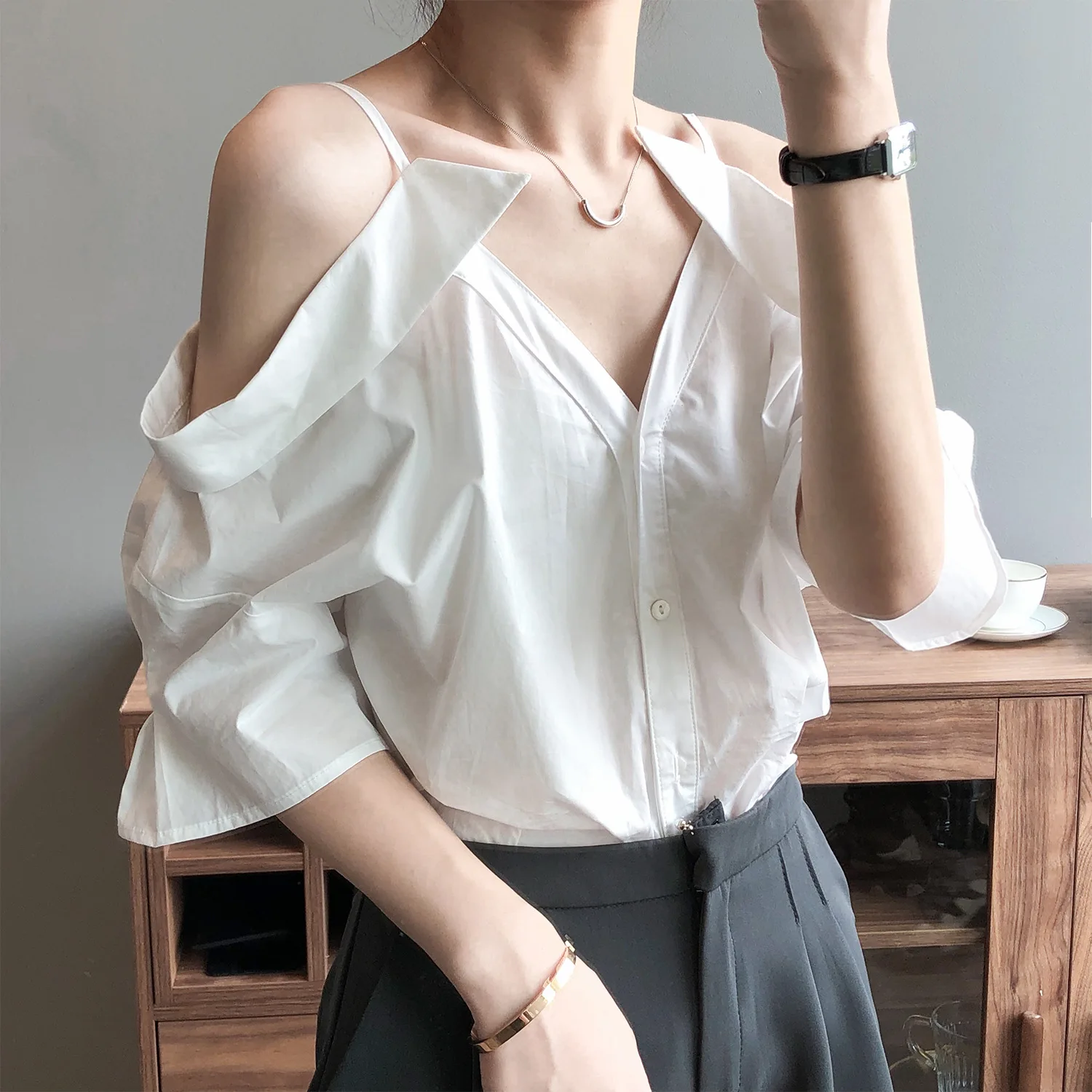 

SuperAen 2022 Summer New Casual Strap Solid V Neck Shirts Women's Off-the-shoulder Blouse