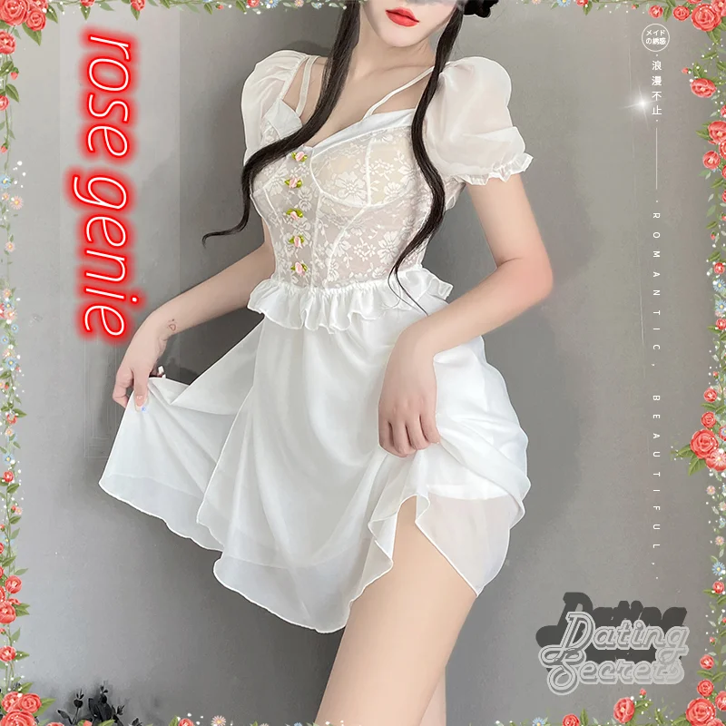 

White Underwear Sexy Rose Embroidery Perspective Bubble Sleeve Ruffle Mesh Pajamas Sexy Fairy Nightdress Set Cosplay Costume