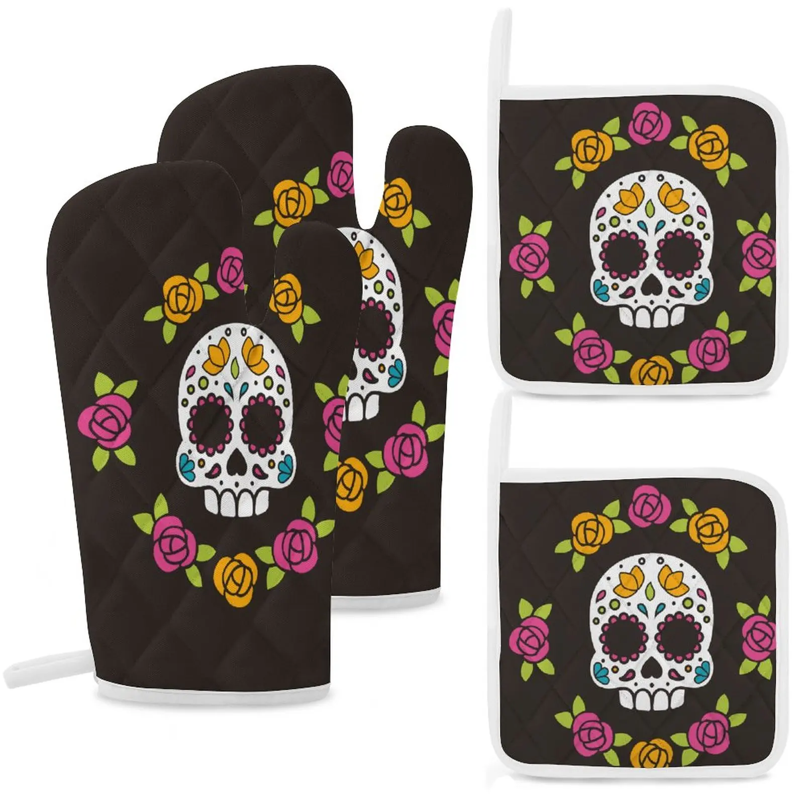 

Варежки и горшок для духовки, 4 вспышки, Нескользящие, с рисунком скелета, для кухни, барбекю, Мексики