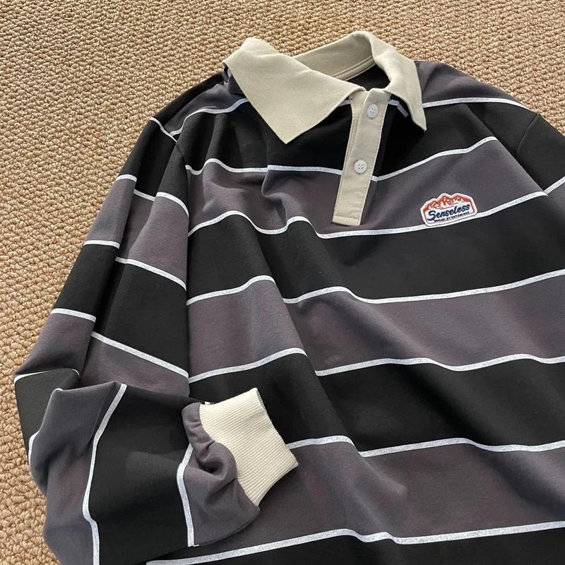 

Retro Striped POLO Shirt Top Women Men Loose Long Sleeves Trend Couple BF Lapel Polos Casual Unisex Hip Hop Oversized T-shirts