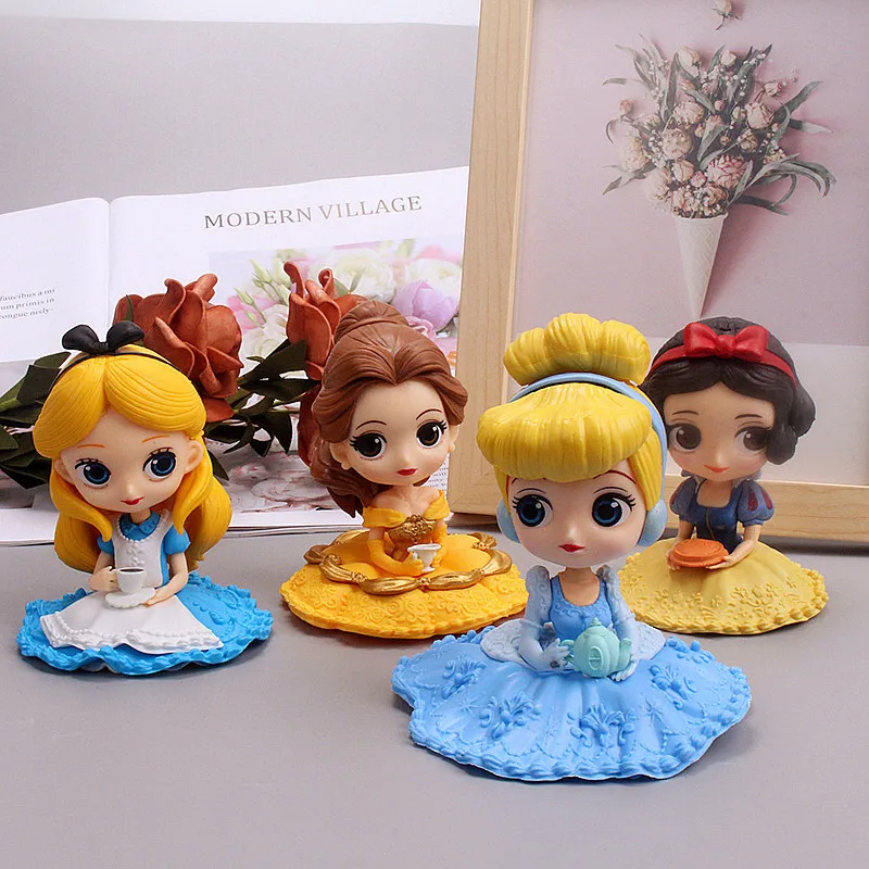 9cm Disney Anime Q Version Snow White Princess Alice in Wonderland Ariel Cinderella Princess Belle PVC Figure Model Toy Gift