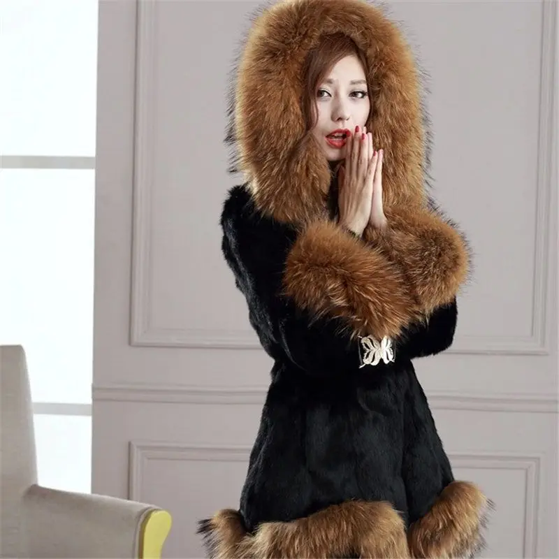 Women's Leather Fur Coat Autumn and Winter Faux Fur Coat Women's Mid-Length Hooded Fox Fur Collar Mink Fur Coat Faux Fur Coat