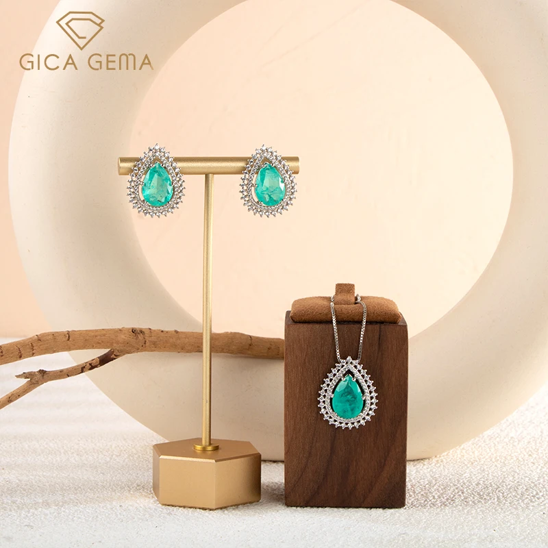 

Gica Gema Luxury Paraiba Tourmaline Jewelry Set Water Drop Shaped Real 100% 925 Sterling Silver Earrings Pendant Female Gifts