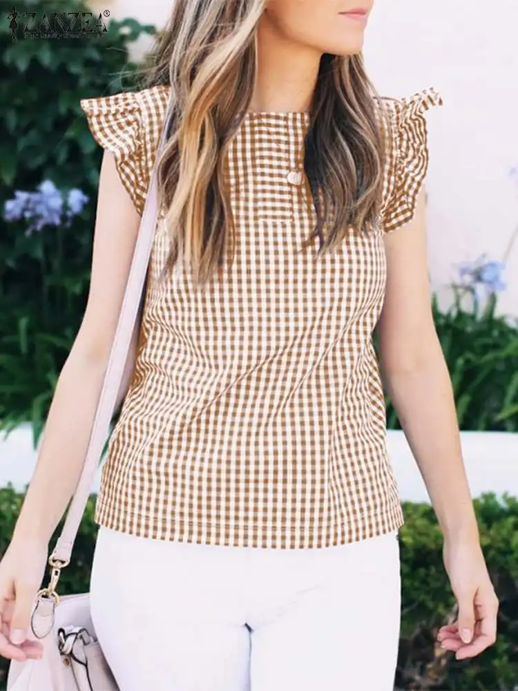 

Bohemian Vintage Checked Blouse Women O Neck Cap Sleeve Casual Shirt Fashion Tunic Tops ZANZEA Female Holiday Work Blusas Mujer