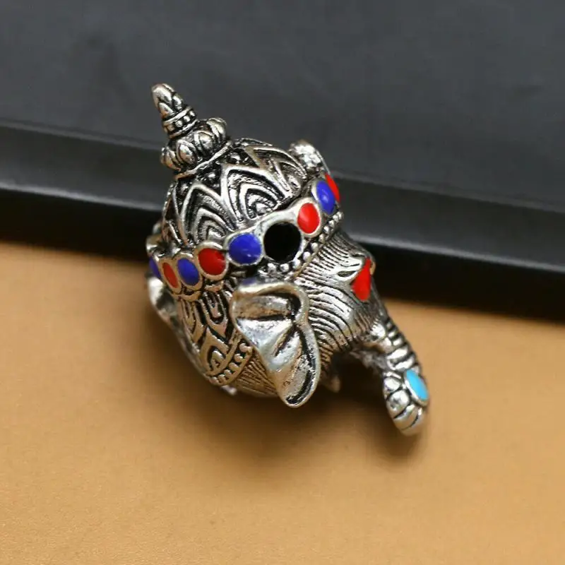 Chinese Ancient Miao Fengshui Silver Gem Elephhant Head Lucky Pendant Amulet