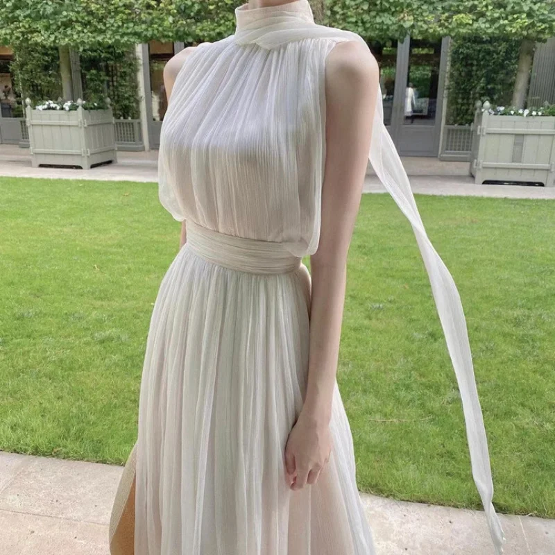 

New 2 Pieces Set Summer 2022 Women Sweet Chiffon Sleeveless Patchwork Stand Collar Solid Top High Waist Midi Pleated Skirt Suit