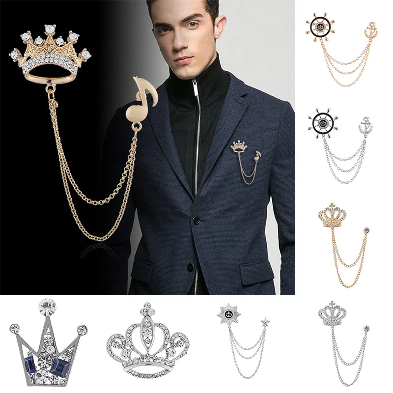 Корейский Британский Стиль Корона птица брошь крест костюм кисточка цепь лацкан