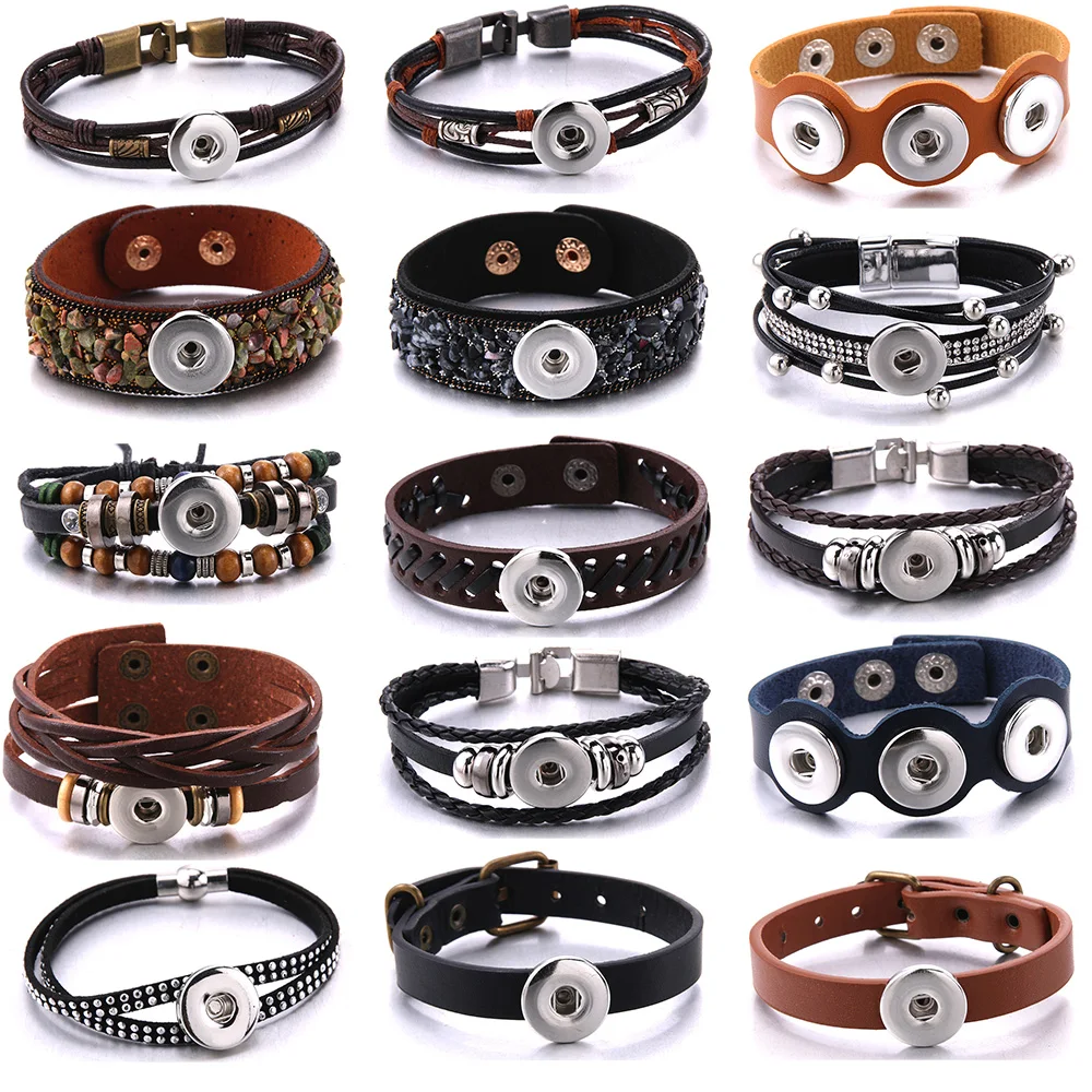 New 18MM Snap Button Jewelry Leather Brown Black Snap Bracelet Fashion Handmade Braided Rope Chain Bracelet Fit Men and Women