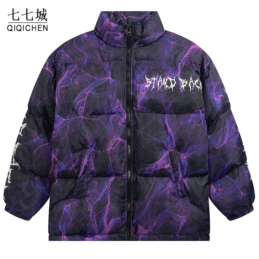 

Hip Hop Winter Lightning Parkas Men Letter Graffiti Print Cotton Down Padded Warm Harajuku Casual Streetwear Oversize Coat 2022