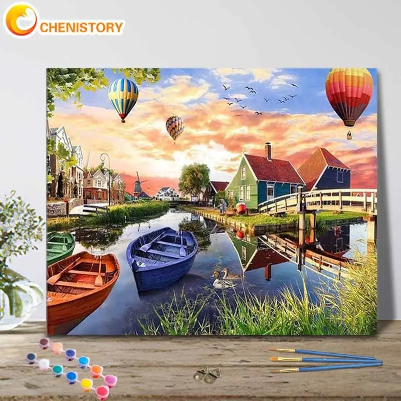

CHENISTORY Paint By Number House Scenery Handpainted Art Pictures By Numbers Hot Air Balloon Kits Drawing On Canvas Home Decor