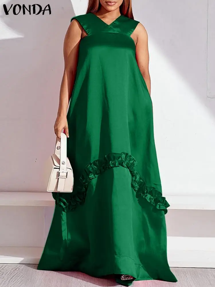 

Элегантное свадебное платье VONDA с оборками, женское однотонное летнее сексуальное атласное Макси-платье без рукавов 2023, повседневный длинный женский сарафан с V-образным вырезом