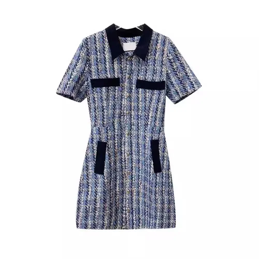 Летнее клетчатое платье из грубого твида во французском стиле дизайн с