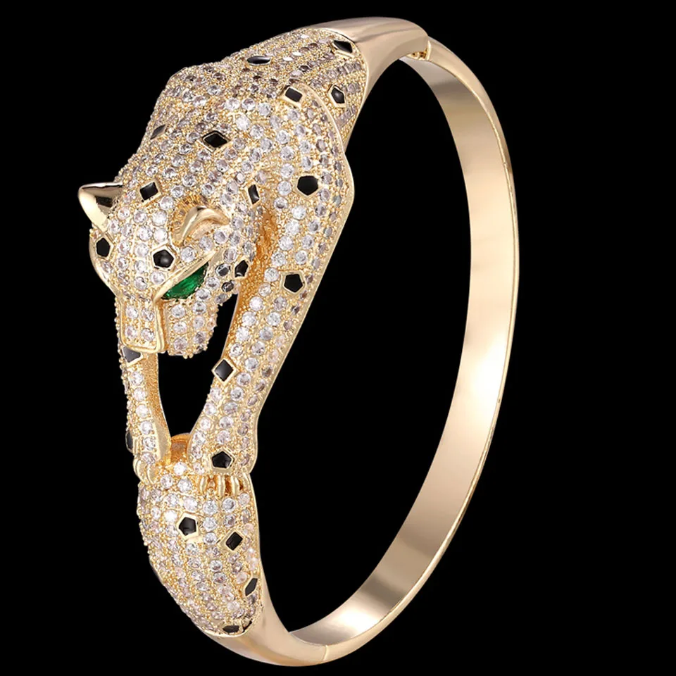 

zlxgirl Classic Jet Enamel Leopard shape Bangle of woman's punk wedding jewelry AAA CZ zircon Copper bridal bracelet jewellery