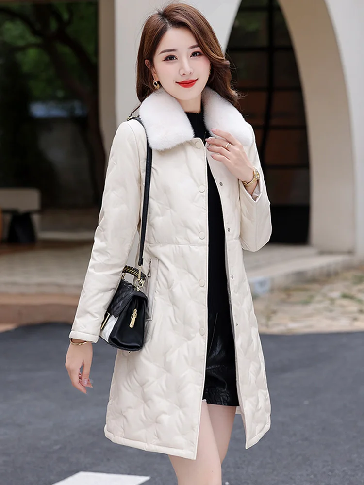New Women Leather Down Coat Autumn Winter Casual Fashion Real Mink Fur Collar Medium Long Thick Warm Sheepskin Down Outerwear