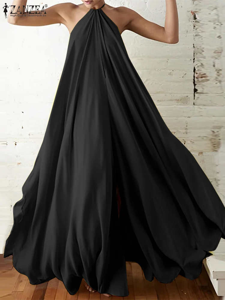 

ZANZEA Summer Spaghetti Straps Long Dres Oversized Halter Robes Casual Party Swing Maxi Dresses Sexy Loose Slit Women Sundress