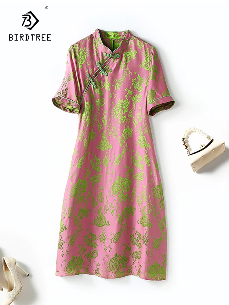

Женское винтажное платье в китайском стиле Birdtree, элегантное платье трапециевидной формы с воротником-стойкой, коротким рукавом и цветочным принтом, 45% натуральный шелк, D37452QC