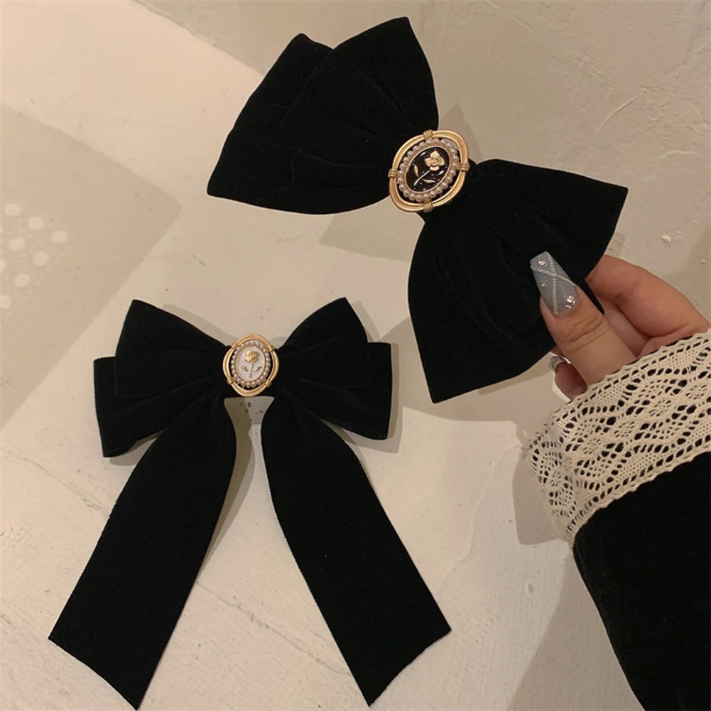 

New Black Velvet Bow Hair Pins Elegant Fabric Alloy Roses Hair Clips For Women Fashion Ponytail Barrette Heawear Accessories