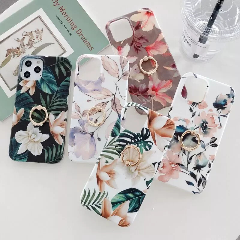

Luxury flower Soft Silicone Ring Holder Phone Case For iphone 12 13 11 Pro XS MAX X XR SE2020 7 8 Plus Shockproof Cover capa