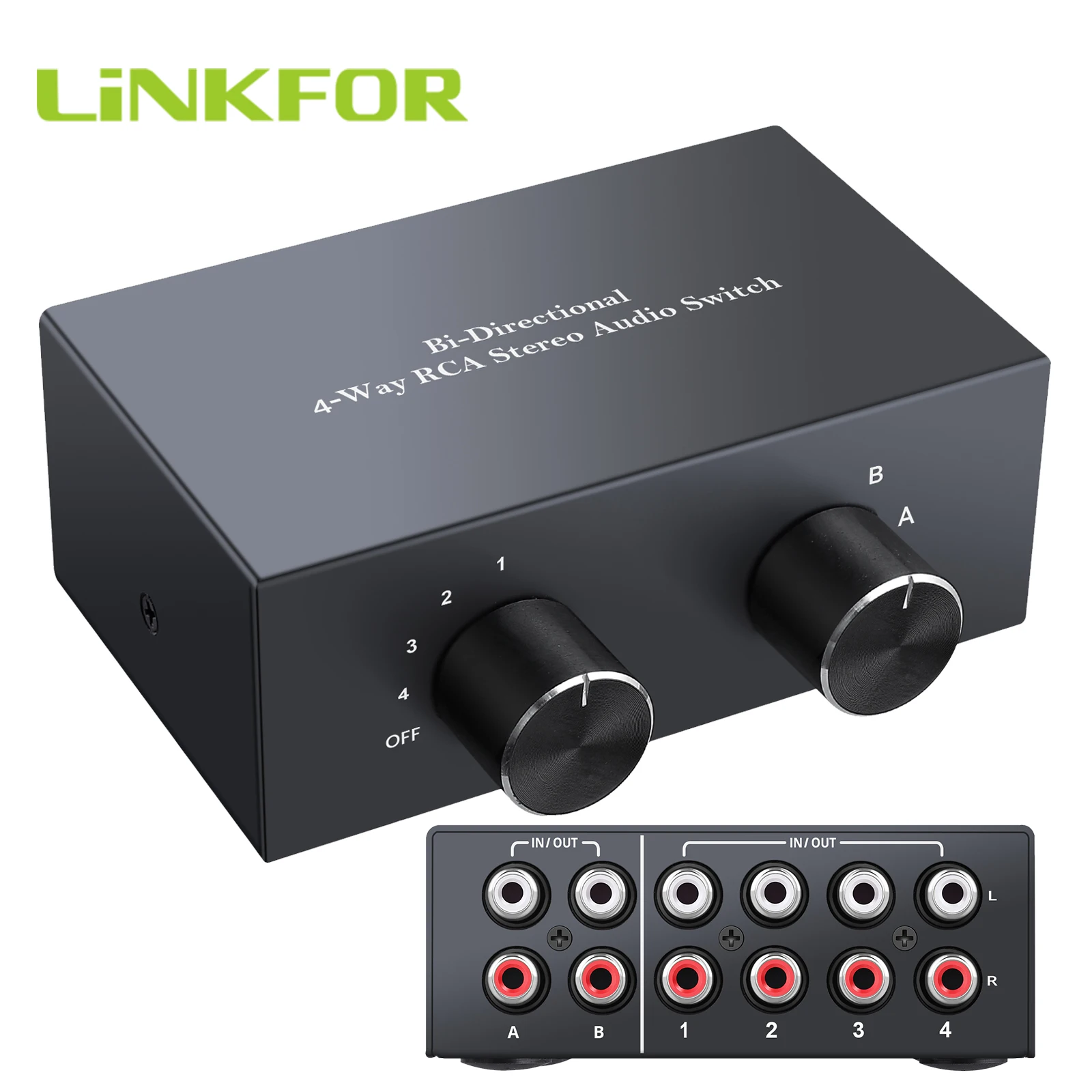 LiNKFOR 2 In 4 Out / 4 In 2 Out 4 Way Bi-Directional RCA Stereo Audio Switcher L/R Jack Sound Channel RCA Audio Switch Selector