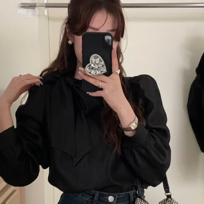 Винтажные женские рубашки Matakawa с бантом однотонные весенние и осенние офисные