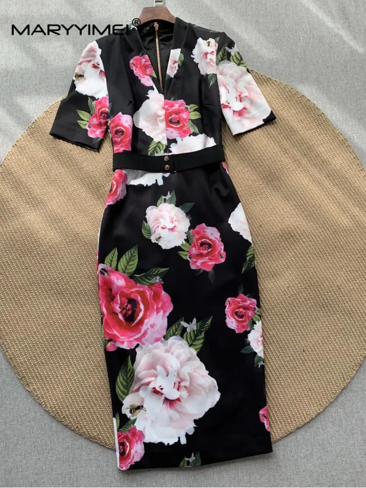 Summer Women Fashion Runway Dress Sexy V-Neck Short Sleeve Sashes Floral Print Hip Wrap Slim Party Pencil Midi Dress