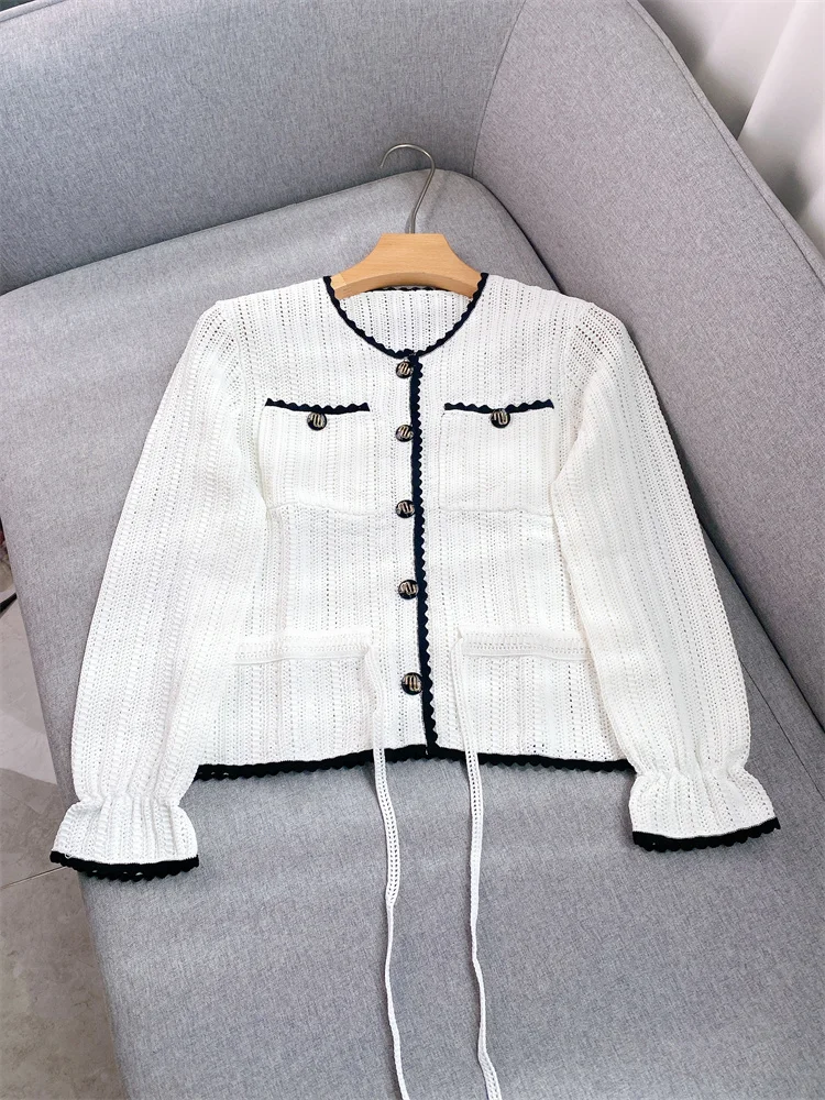 Hollow Out Also Comes with Lace-up Knitted Cardigan Autumn 2022 New Single-breasted Stitching Multi-pocket Top Women