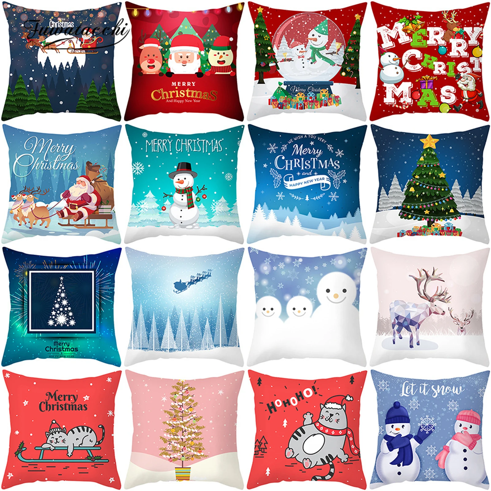 

Fuwatacchi Merry Christmas Pillow Case Xmas Santa Snowman Photo Cushion Cover For Home Sofa Window Seat Decor Throw Pillowcases