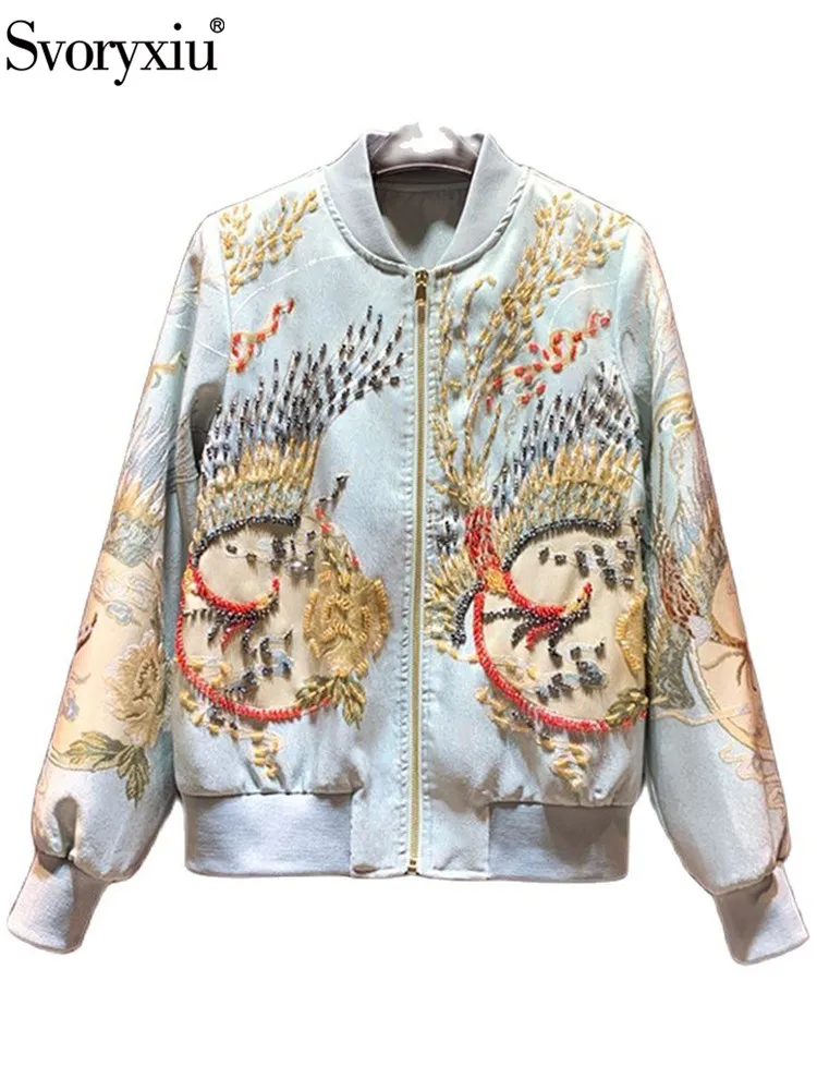 

Svoryxiu High Quality Designer Autumn Winter Vintage Gorgeous Print Jacket Coat Women's Lantern Sleeve Beading Loose Slim Coat