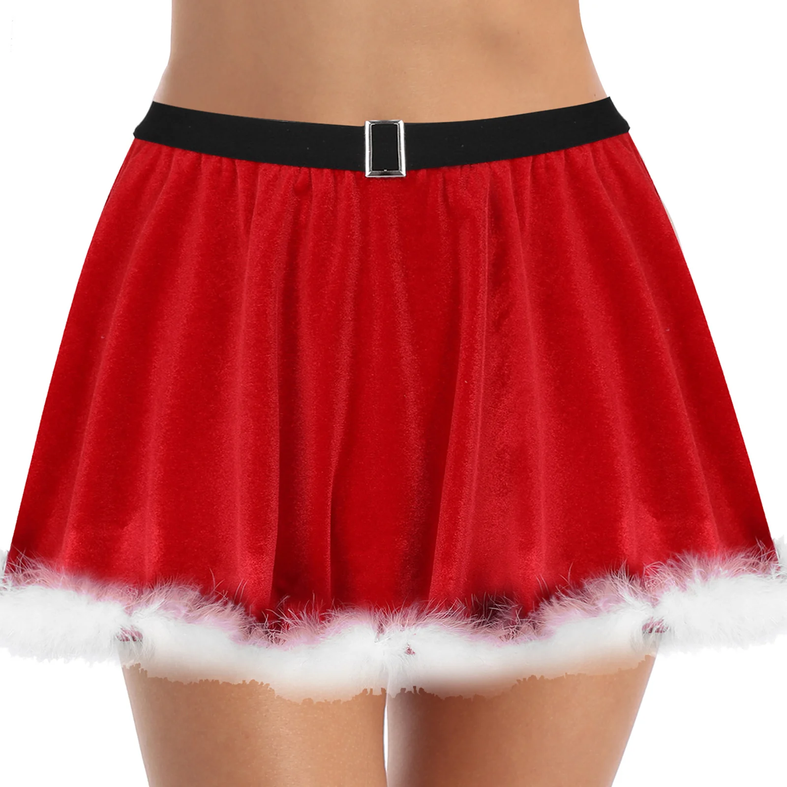 

Velvet Christmas Mini Skirts Womens Feather Trimming Red Velvet Christmas Short Skirt New Year Costume Ruffled Miniskirt