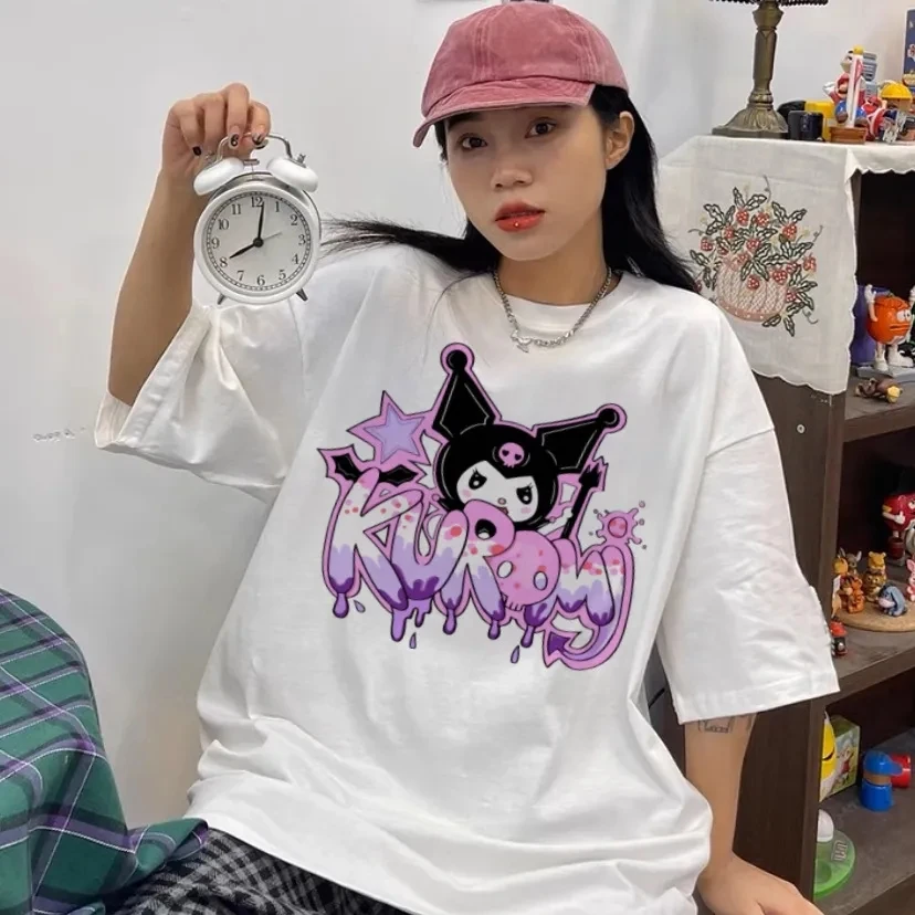 

Kuromi Hello kitty TShirt Women Y2k Vintage Summer Short Sleeve Harajuku Tees Streetwear Korean Fashion Top Oversize Loose Shirt
