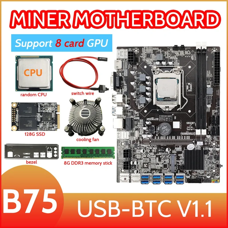 B75 8 Card GPU Mining Motherboard+CPU+Fan+8G DDR3 RAM+128G SSD+Switch Cable+Baffle 8XUSB3.0(PCIE1X) LGA1155 DDR3 MSATA