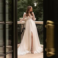 oimg vintage tulle a line wedding dresses long sleeves v neck front slit boho bridal gowns sweep train robe vestidos de novia