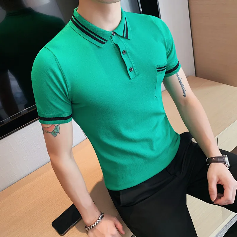 

2022 Solid Color Knitted Men POLO Shirts Short Sleeve Slim Casual T-shirt Business Social Polos High Quality Man Lapel Tee Tops