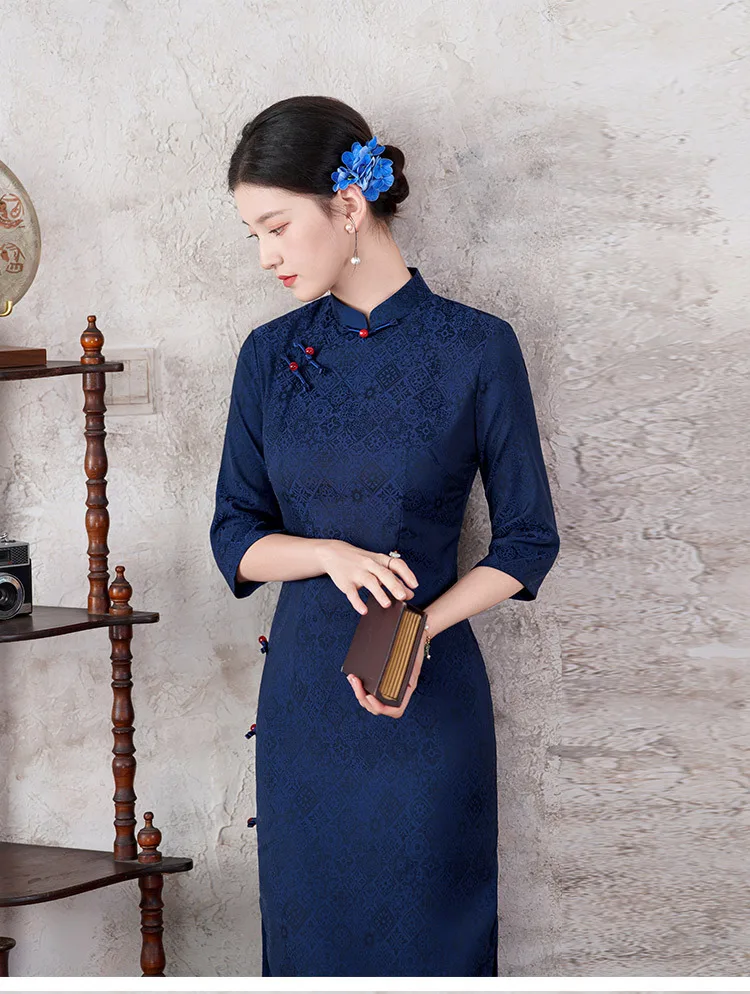 Blue Republic of China Style Cheongsam с длинными рукавами, улучшенное 2320, новое женское облегающее платье Ципао в стиле ретро на весну и осень (art.: 3920d28c2fbc3) - 3920d28c2fbc3