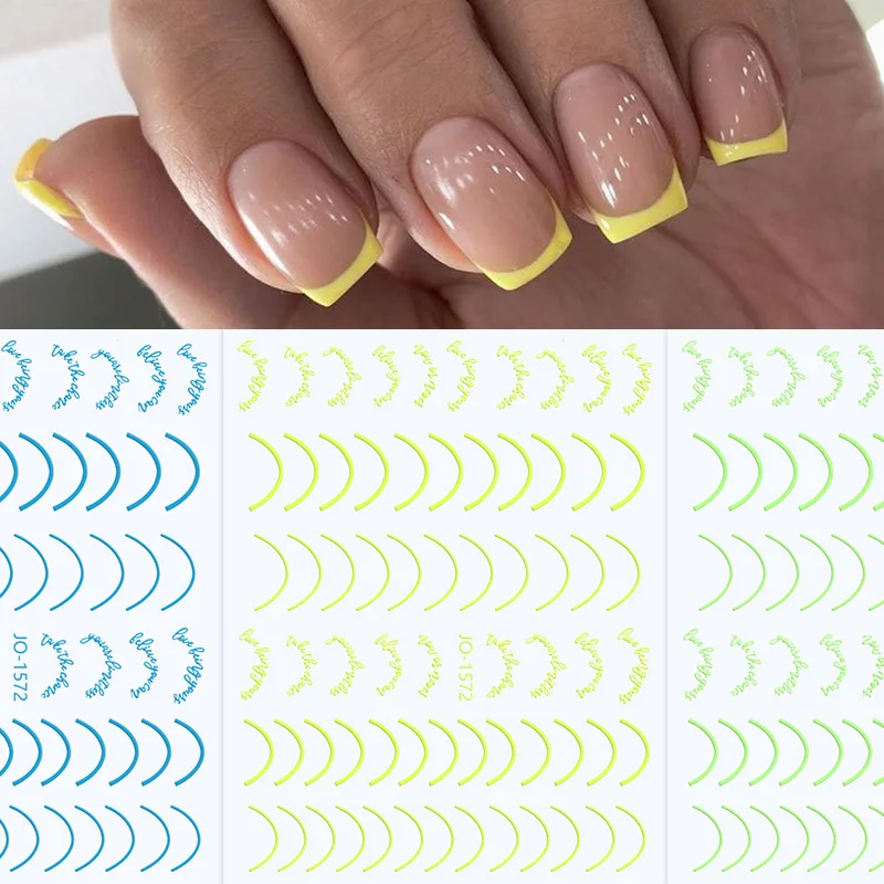 

Yellow Green 3D Nail Stickers French Tips Stripe Decals Self Adhesive Fluorescent Color Sliders for Nails Wrap