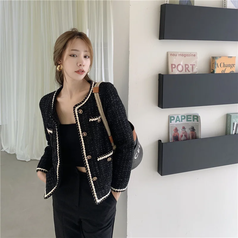 

Женская твидовая короткая куртка, черная однобортная шерстяная куртка с длинным рукавом, верхняя одежда, весна-осень 2020