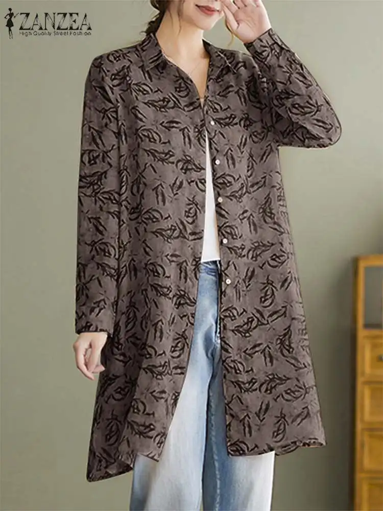 

Блузка ZANZEA Женская с длинным рукавом, праздничная Модная рубашка с принтом листьев, повседневный топ на пуговицах с лацканами и карманами, лето 2023