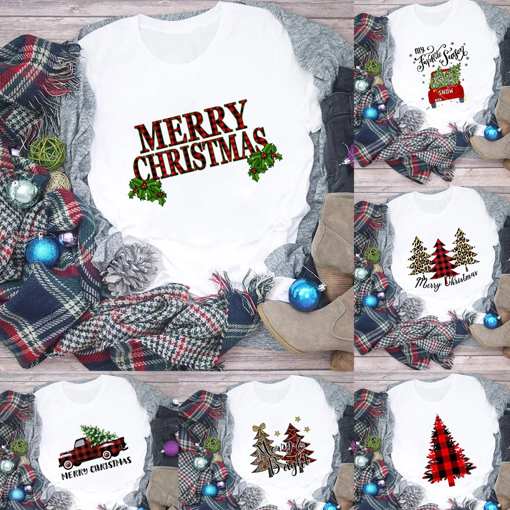 

2020, Счастливого Рождества, модная женская футболка с графическим рисунком, милые футболки в клетку с графическим рисунком рождественской е...