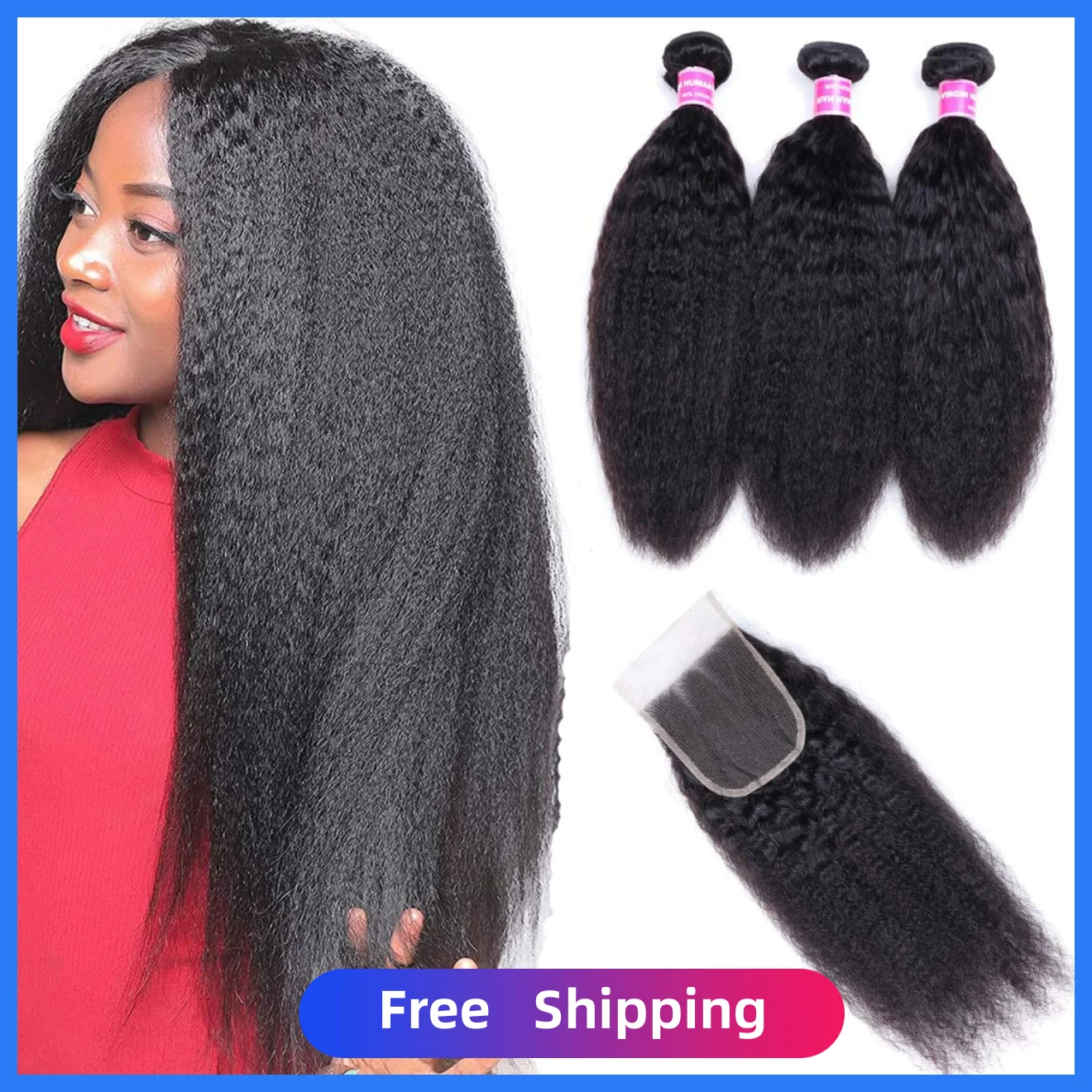 Kinky Straight Bundles With Closure Human Hair 4x4 Hd Lace Natural Black Italian Yaki Hair Weft Indian Hair Extensions For Women