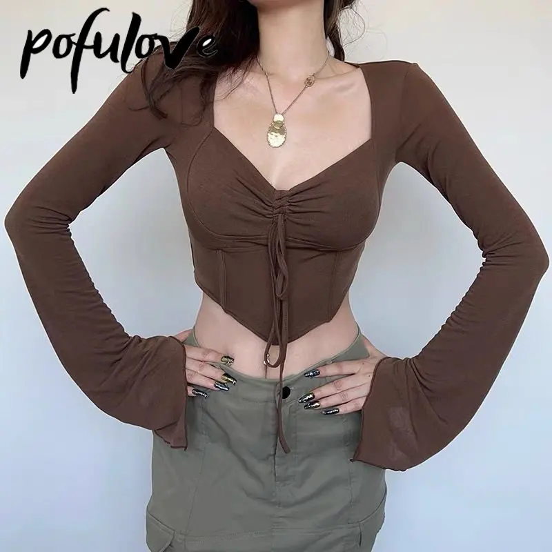 

Женский короткий топ с квадратным вырезом, однотонная облегающая пикантная футболка с длинным рукавом, готические рубашки в стиле Харадзюку, корейские рубашки, винтажная одежда, укороченный топ, Y2k