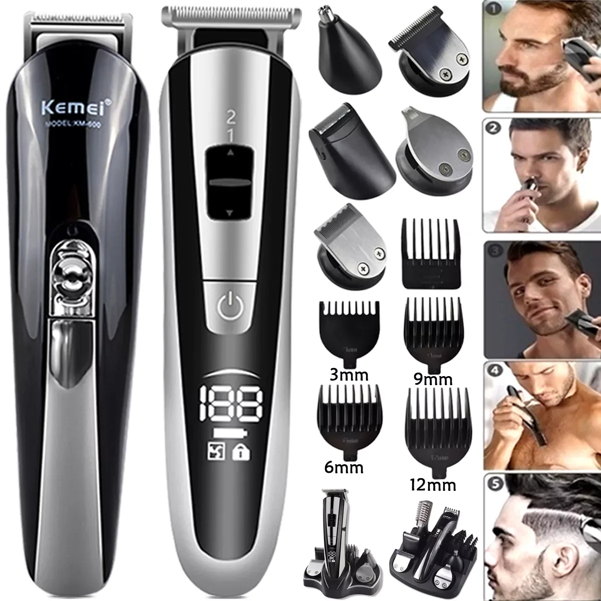 

Kemei Hair Trimmer Electric Clipper Beauty Kit Multifunction Men's Shaver Beard Trimmer Cordless Cutting Machine LCD Display