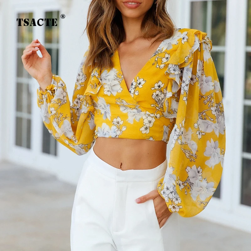

2023 Spring And Summer New Arrivals Ins Fashion Women's Tops Elegant Small Floral Print Sexy V-Neck Long-Sleeved Chiffon Shirt