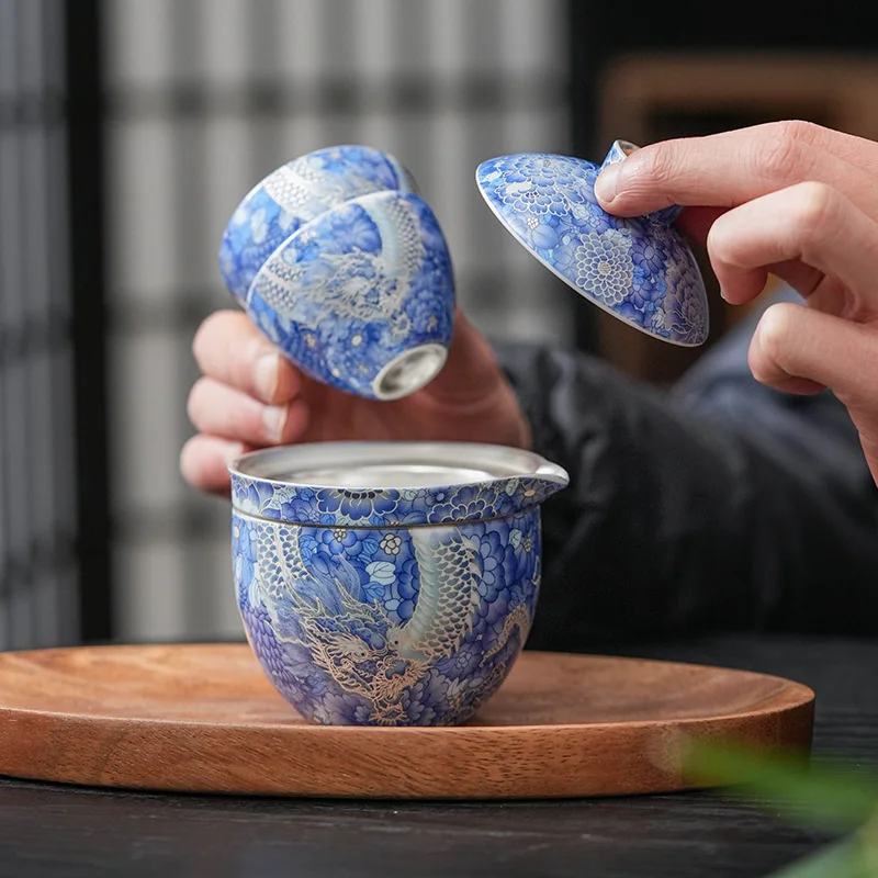 Фото Серебряный чайный сервиз Longteng Shengshi, портативный дорожный сервиз, ручная роспись, синий и белый серебряный чайный сервиз, быстрая чашка, один горшок, три чашки №4